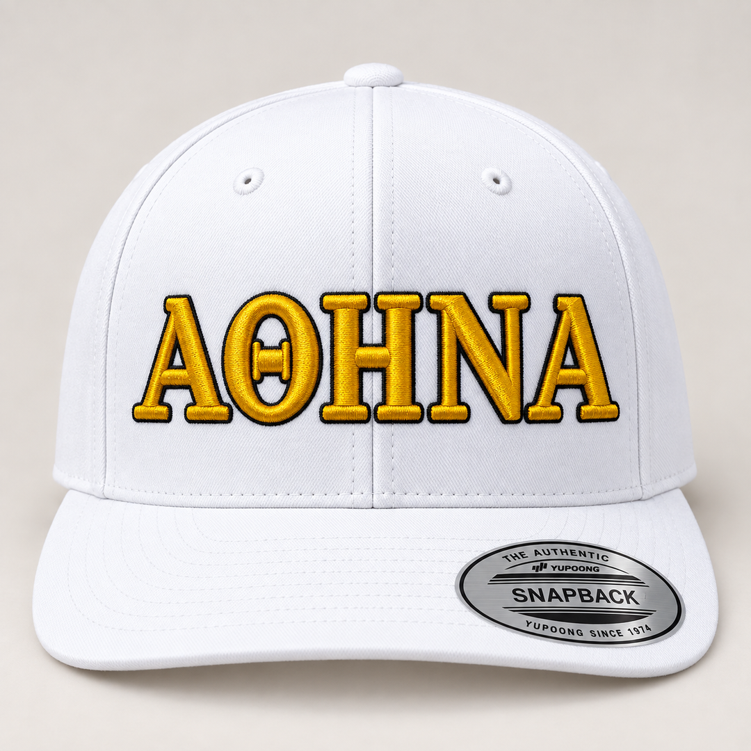 🟡⚫ Golden Athens – Olympus Greek 3D Puff · Gold fill · Black outline · All White Snapback | Hand Finished in Dubai | EmbroMania