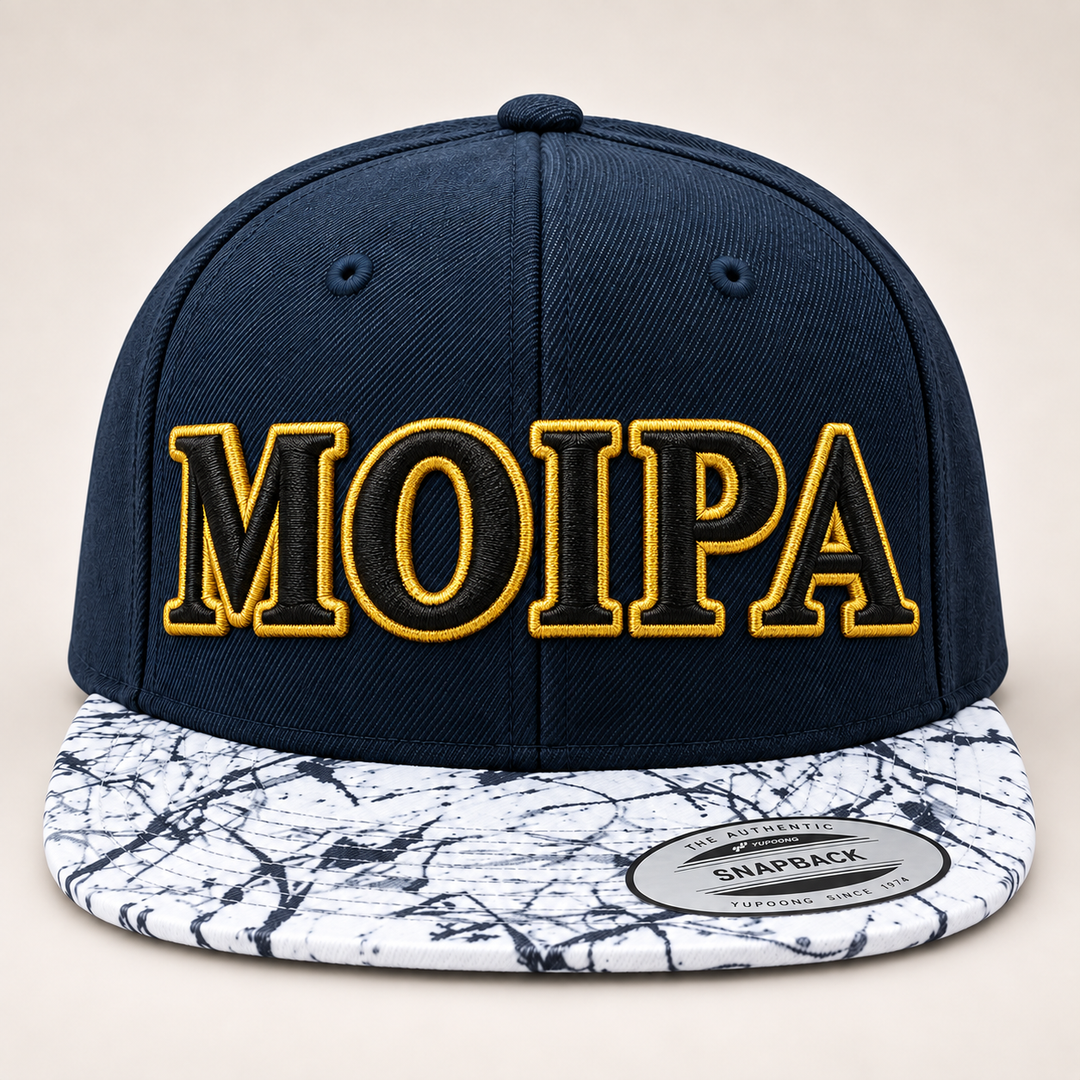 ⚫🟡 Midnight Oracle – Olympus Greek 3D Puff · Black fill · Gold outline · Navy Marble Brim Snapback | Hand Finished in Dubai | EmbroMania