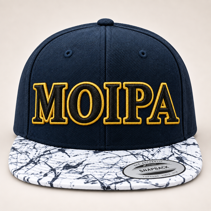 ⚫🟡 Midnight Oracle – Olympus Greek 3D Puff · Black fill · Gold outline · Navy Marble Brim Snapback | Hand Finished in Dubai | EmbroMania