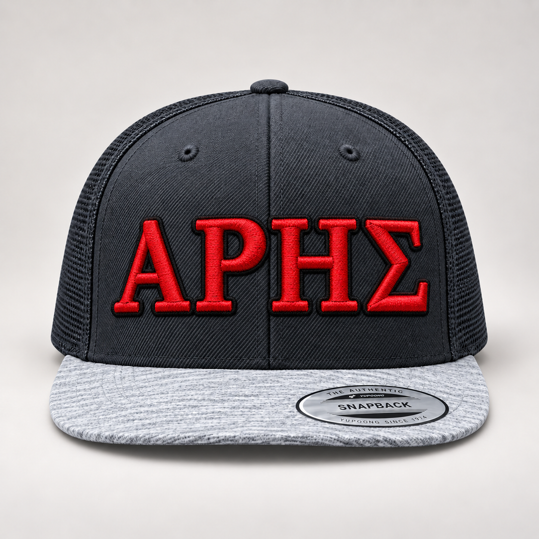 🔴⚫ Spartan Blood – Olympus Greek 3D Puff · Red fill · Black outline · Charcoal Heather Snapback | Hand Finished in Dubai | EmbroMania