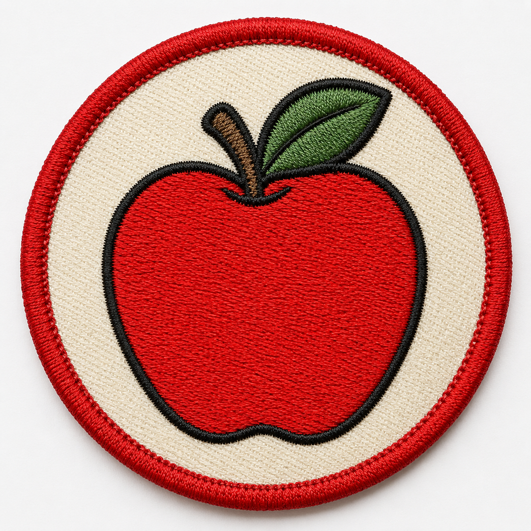 Orchard Apple Glow embroidery patch featuring a single apple with a leaf in red and green | Hand Finished in Dubai | EmbroMania