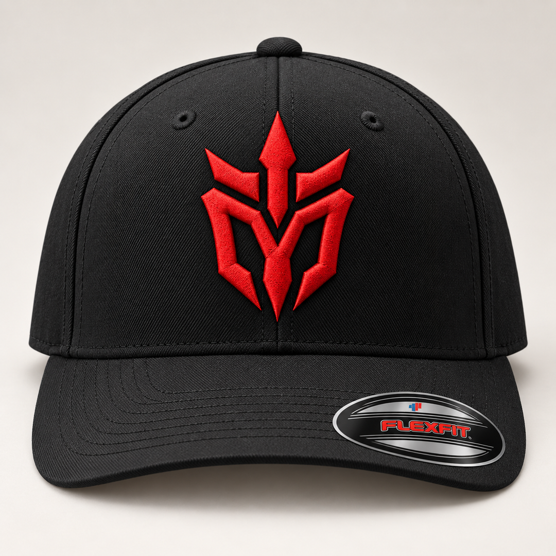 🔴🖤 Crimson Edge – Phantom Spire · Red 3D puff · Black Solid Flexfit | Hand Finished in Dubai | EmbroMania
