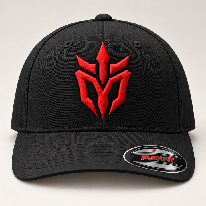 🔴🖤 Crimson Edge – Phantom Spire · Red 3D puff · Black Solid Flexfit | Hand Finished in Dubai | EmbroMania