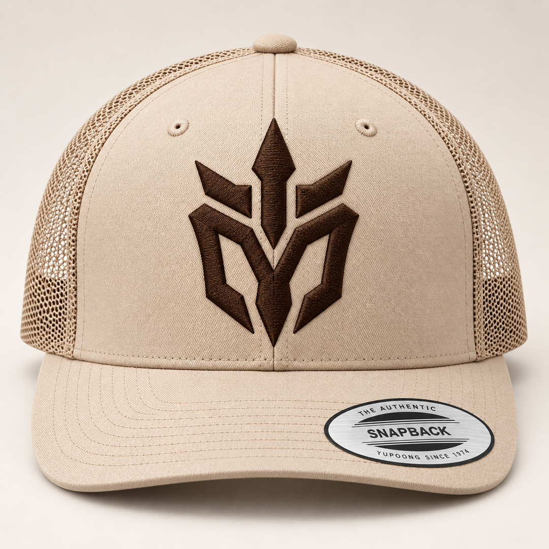 🟤🏜️ Desert Edge – Phantom Spire · Brown 3D puff · Sand Beige Retro Trucker | Hand Finished in Dubai | EmbroMania