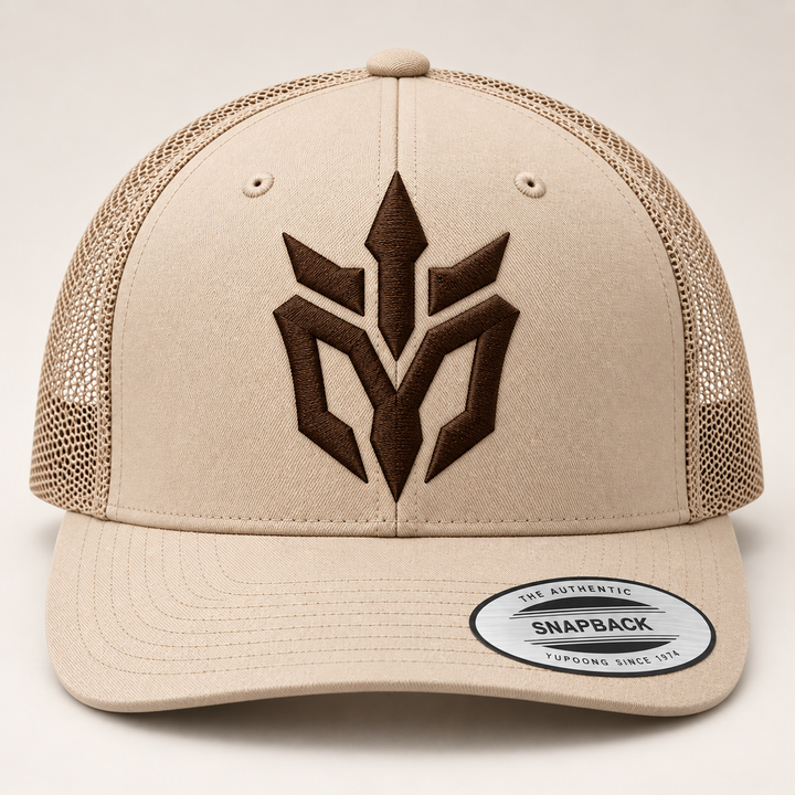 🟤🏜️ Desert Edge – Phantom Spire · Brown 3D puff · Sand Beige Retro Trucker | Hand Finished in Dubai | EmbroMania