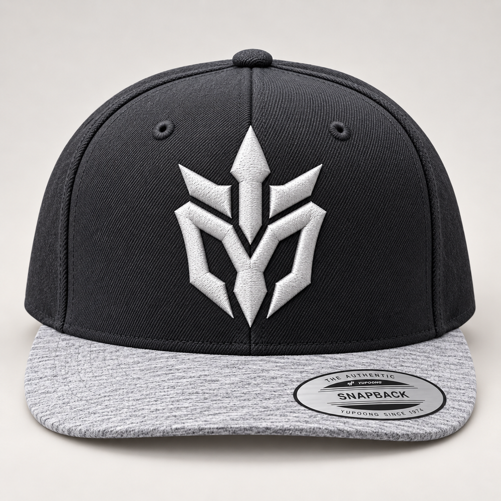 ❄️⚡ Frost Edge – Phantom Spire · White 3D puff · Charcoal Heather Grey Snapback | Hand Finished in Dubai | EmbroMania