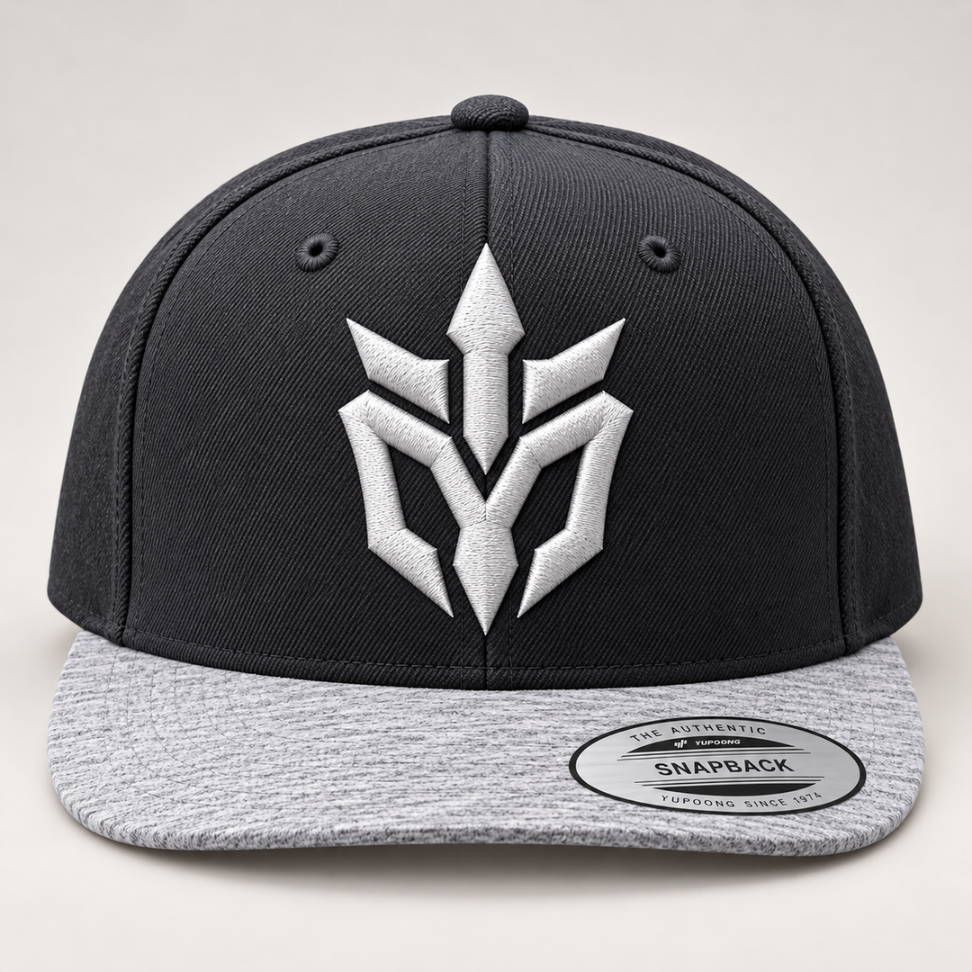 ❄️⚡ Frost Edge – Phantom Spire · White 3D puff · Charcoal Heather Grey Snapback | Hand Finished in Dubai | EmbroMania