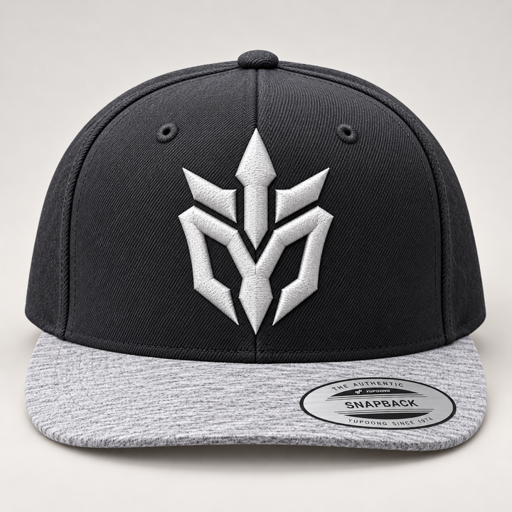 ❄️⚡ Frost Edge – Phantom Spire · White 3D puff · Charcoal Heather Grey Snapback | Hand Finished in Dubai | EmbroMania