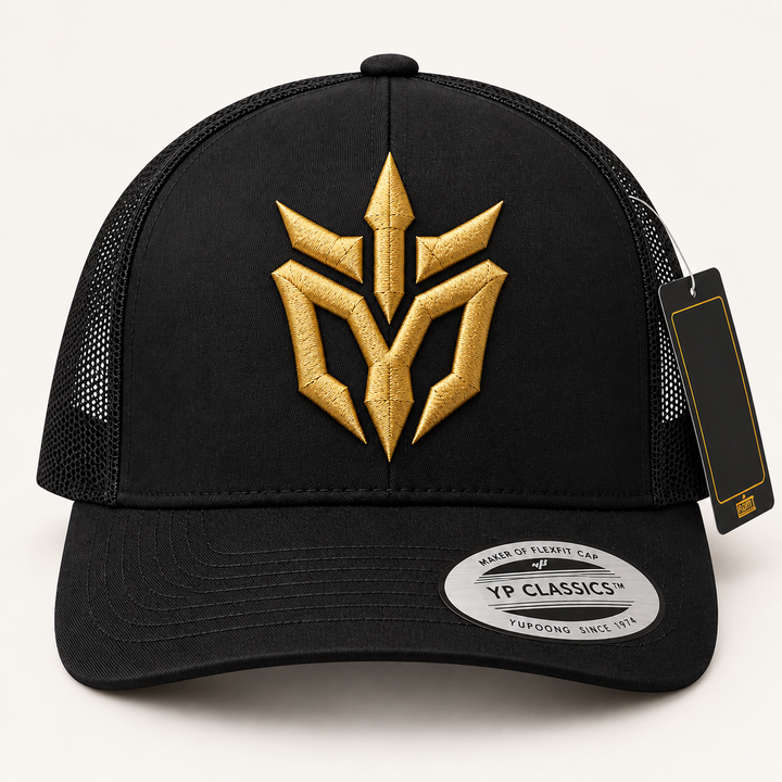 🥇👑 Golden Edge – Phantom Spire · Gold 3D puff · Black Curved Trucker | Hand Finished in Dubai | EmbroMania