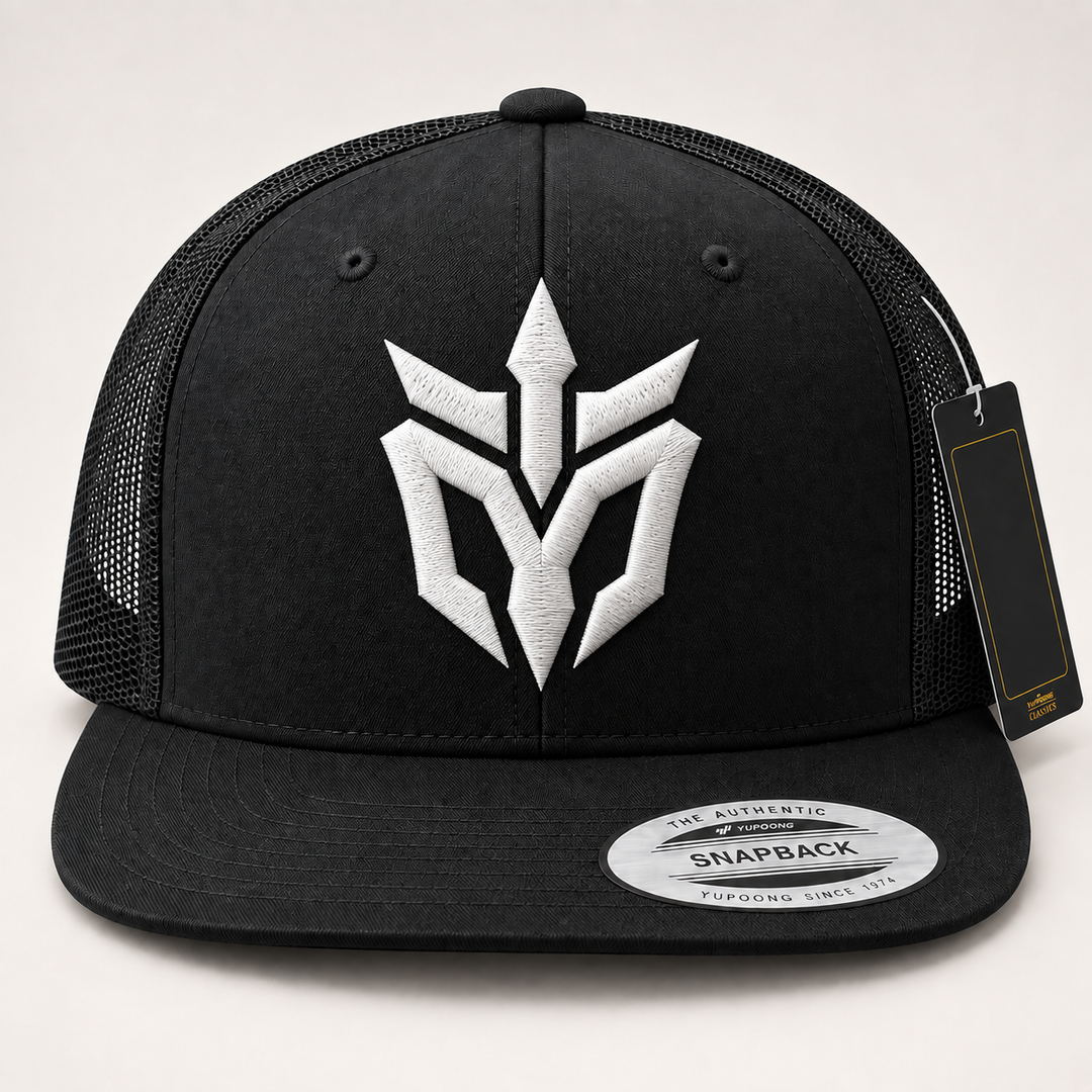 🤍🔥 Ivory Edge – Phantom Spire · White 3D puff · Black Flat Trucker YP Classics | Hand Finished in Dubai | EmbroMania