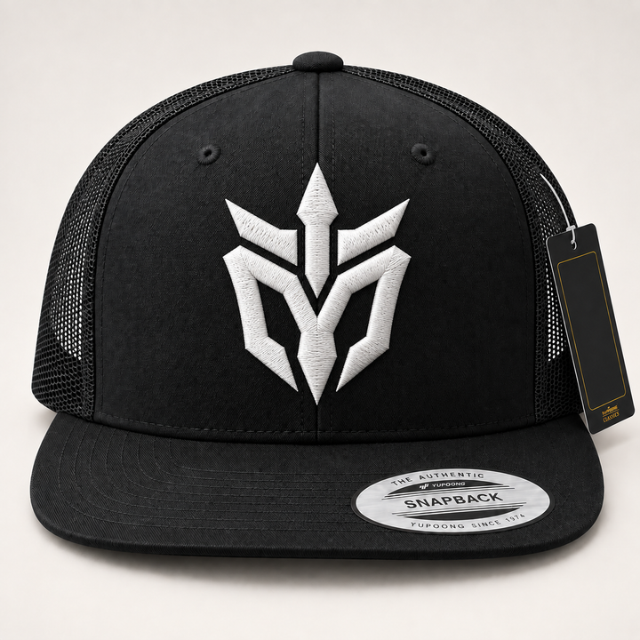 🤍🔥 Ivory Edge – Phantom Spire · White 3D puff · Black Flat Trucker YP Classics | Hand Finished in Dubai | EmbroMania