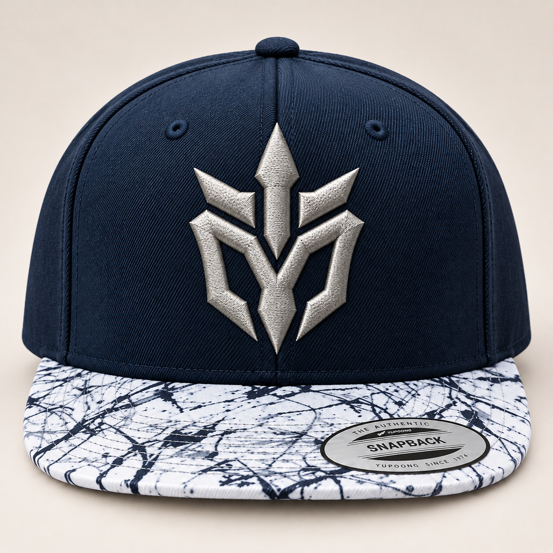 ⚔️🌌 Marble Edge – Phantom Spire · Silver 3D puff · Navy Marble Brim Snapback | Hand Finished in Dubai | EmbroMania