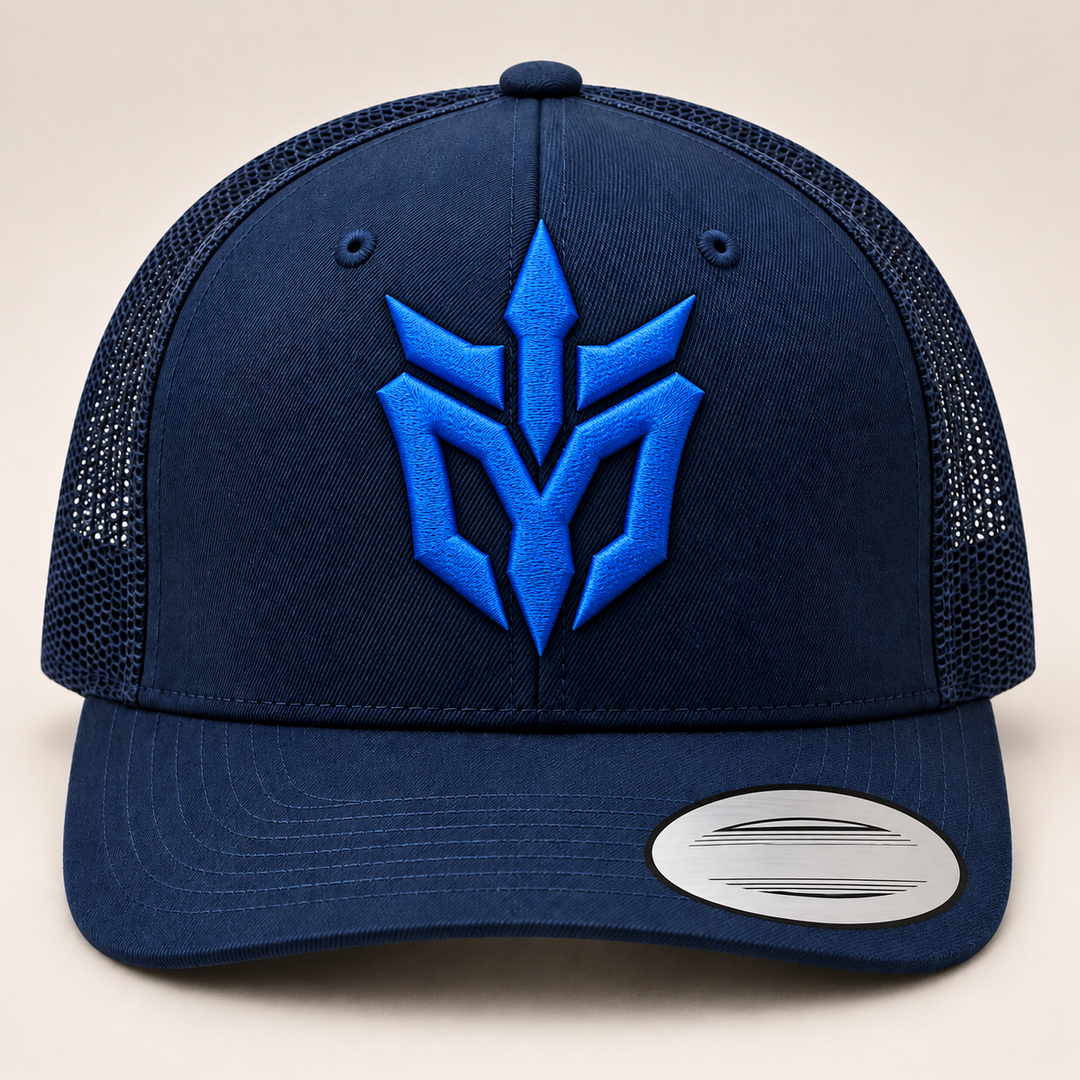 🔵⚔️ Sapphire Edge – Phantom Spire · Blue 3D puff · Dark Navy Curved Trucker | Hand Finished in Dubai | EmbroMania