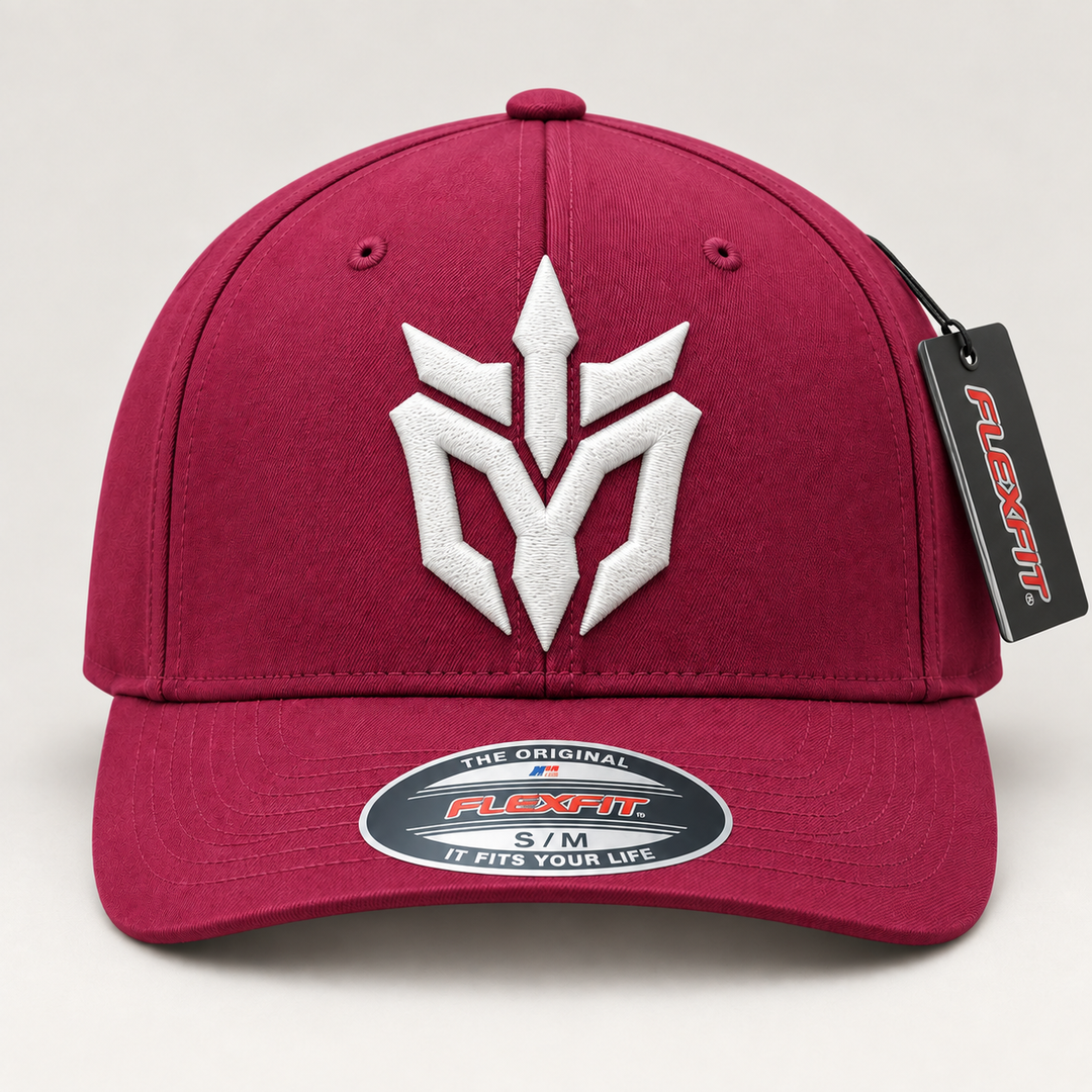 🤍🍷 Wine Edge – Phantom Spire · White 3D puff · Burgundy Flexfit Curved | Hand Finished in Dubai | EmbroMania