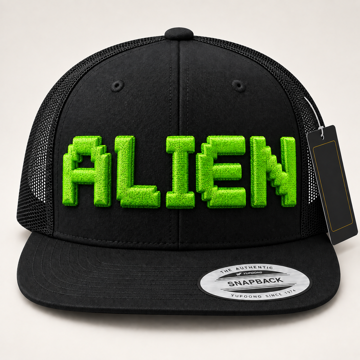 👾 Alien Lime – PixelPop 3D Puff · Neon Lime thread · Black Flat Trucker | Hand Finished in Dubai | EmbroMania