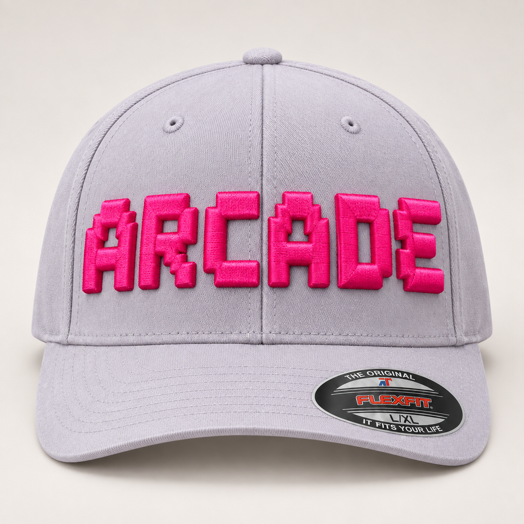 🎮 Arcade Dream – PixelPop 3D Puff · Pink thread · Light Grey Flexfit | Hand Finished in Dubai | EmbroMania