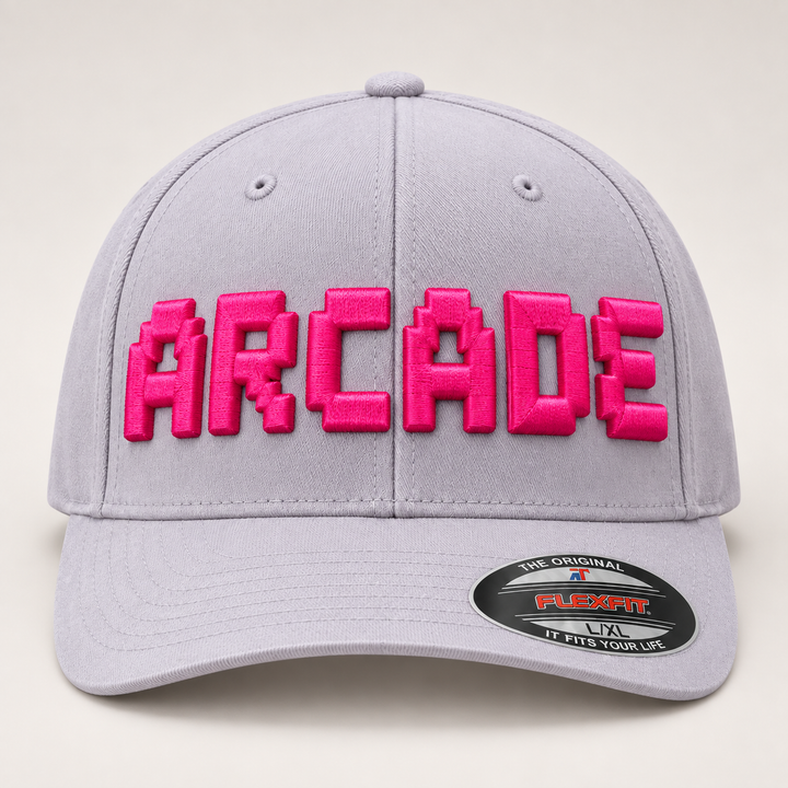 🎮 Arcade Dream – PixelPop 3D Puff · Pink thread · Light Grey Flexfit | Hand Finished in Dubai | EmbroMania