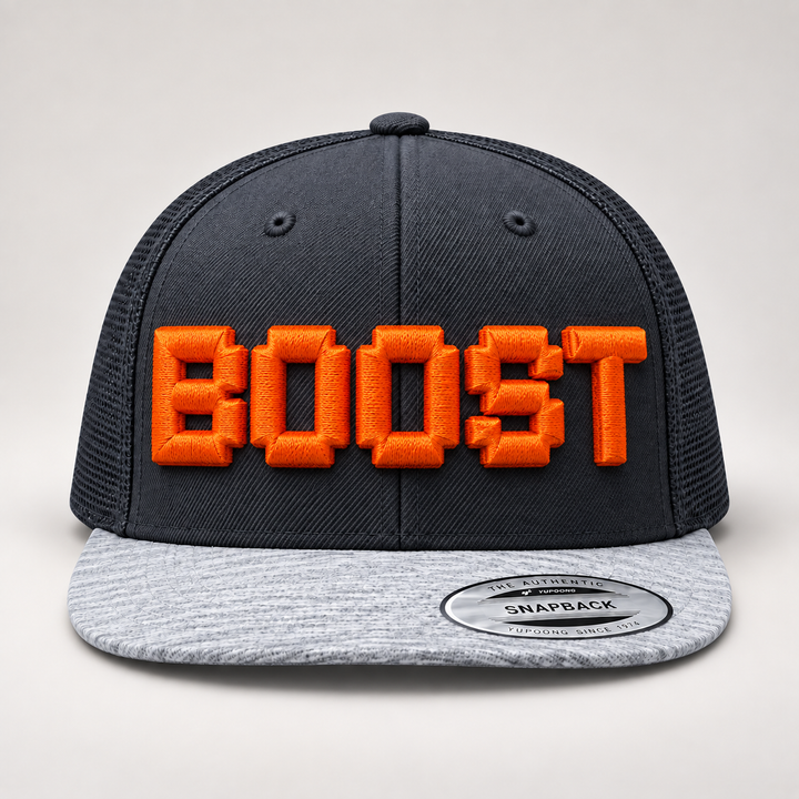 🚀 Boost Orange – PixelPop 3D Puff · Orange thread · Charcoal Heather Snapback | Hand Finished in Dubai | EmbroMania
