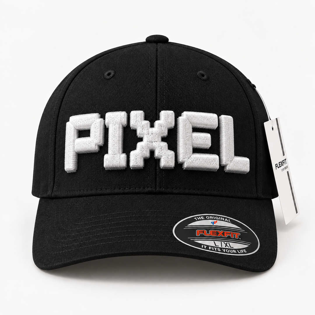 🕹️ Classic Pixel – PixelPop 3D Puff · White thread · Black Flexfit | Hand Finished in Dubai | EmbroMania