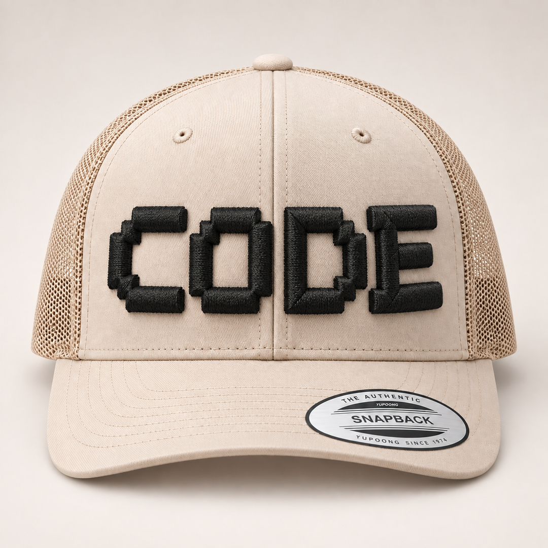 💻 Clean Code – PixelPop 3D Puff · Black thread · Beige Retro Trucker | Hand Finished in Dubai | EmbroMania