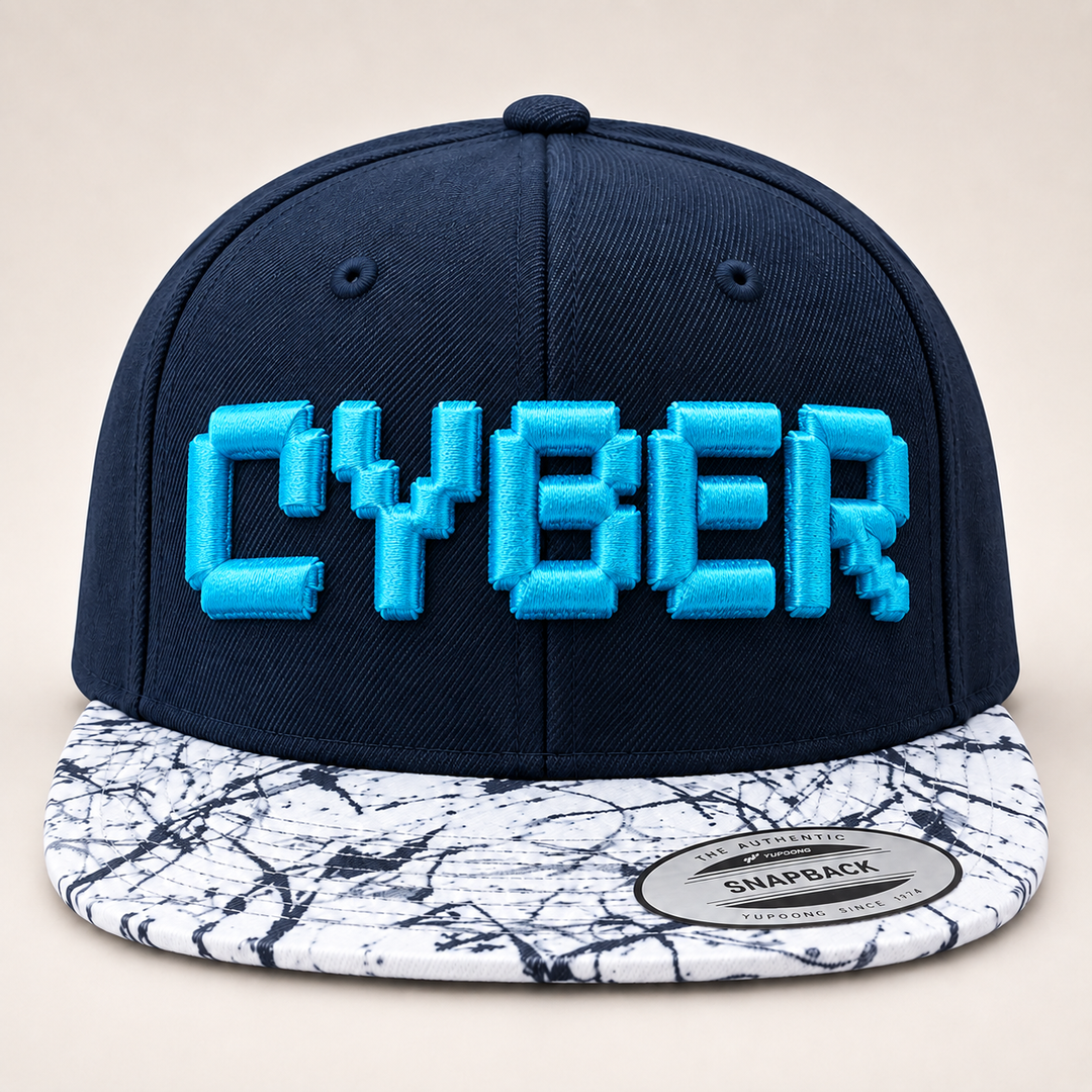 🔷 Cyber Cyan – PixelPop 3D Puff · Electric Cyan thread · Navy Marble Brim Snapback | Hand Finished in Dubai | EmbroMania