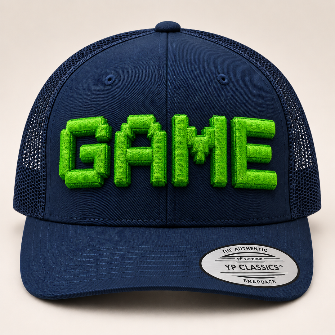 🟩 Game Mode – PixelPop 3D Puff · Green thread · Navy Retro Trucker | Hand Finished in Dubai | EmbroMania