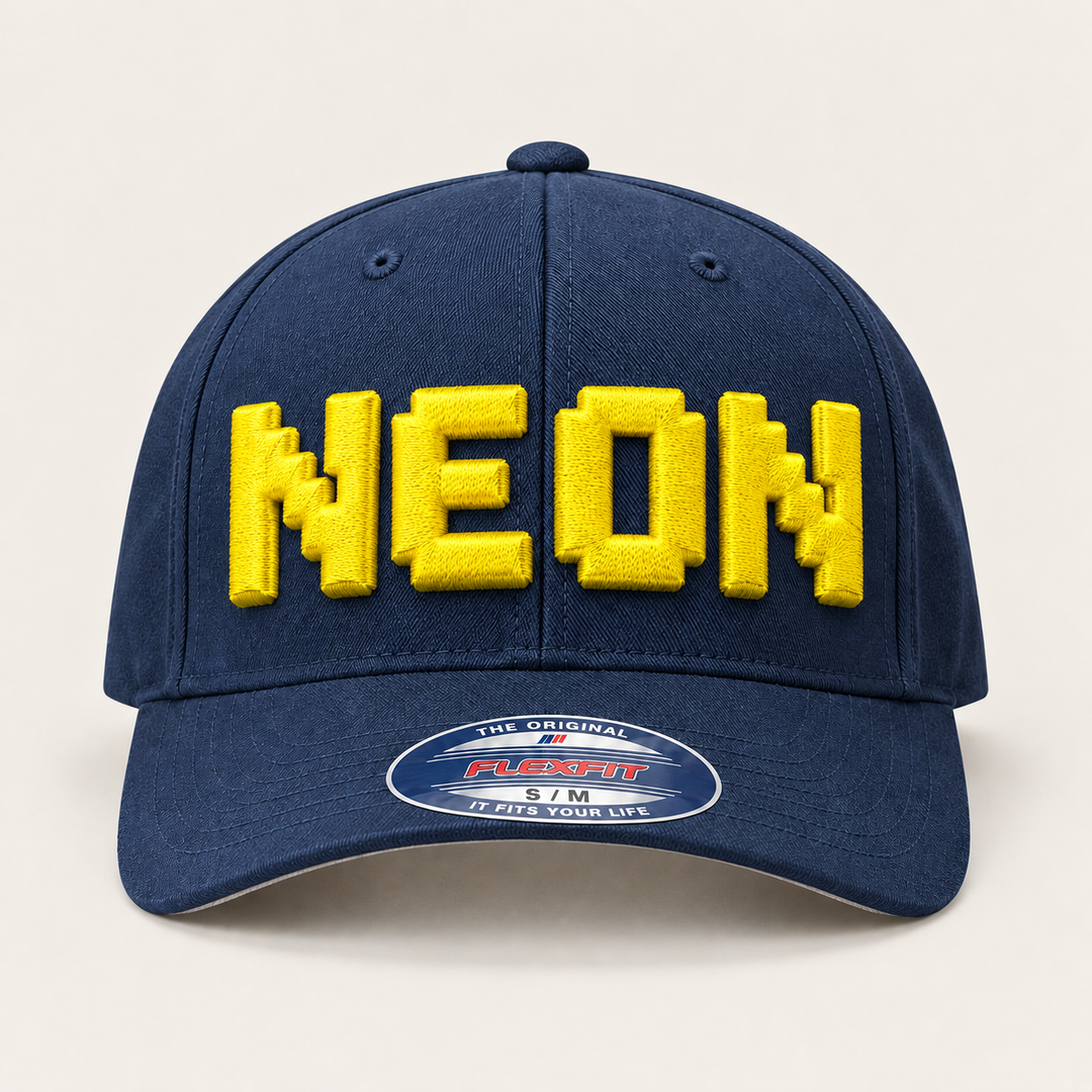 💡 Neon Glow – PixelPop 3D Puff · Yellow thread · Navy Flexfit | Hand Finished in Dubai | EmbroMania