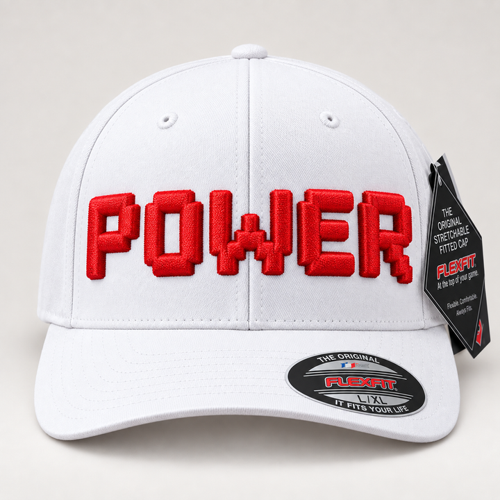 🔴 Power-Up Red – PixelPop 3D Puff · Red thread · White Flexfit | Hand Finished in Dubai | EmbroMania