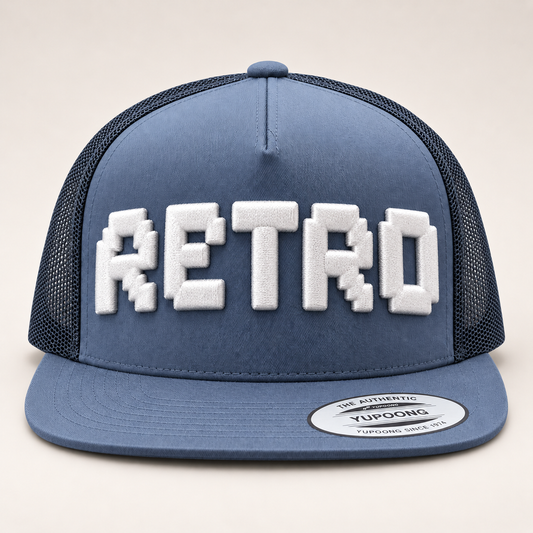 🌊 Retro Wave – PixelPop 3D Puff · White thread · Slate Blue Flat Trucker | Hand Finished in Dubai | EmbroMania