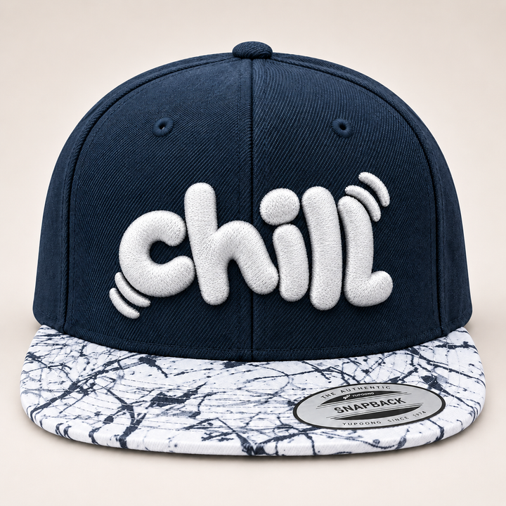 🧊 Arctic Pop – PlayPop 3D Puff · Bright White thread · Navy Marble Brim Snapback | Hand Finished in Dubai | EmbroMania