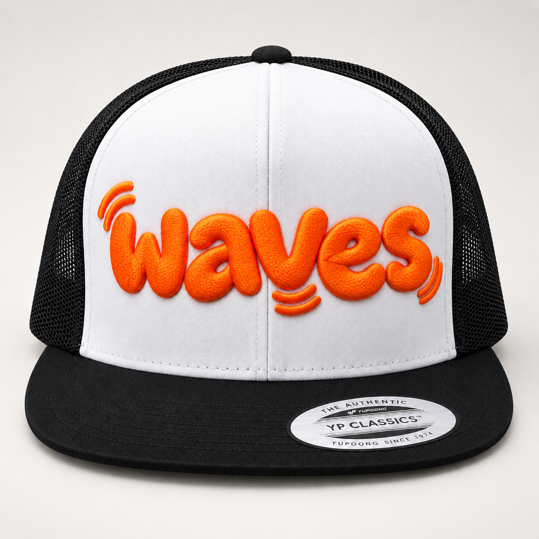 🏖️ Beach Day – PlayPop 3D Puff · Neon Orange thread · Black &amp; White Flat Trucker | Hand Finished in Dubai | EmbroMania