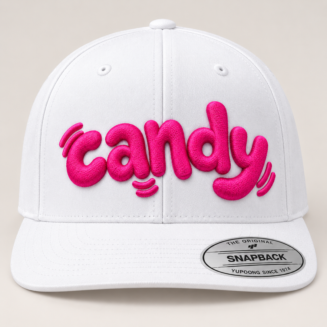 🍬 Candy Drop – PlayPop 3D Puff · Hot Pink thread · White Structured Snapback | Hand Finished in Dubai | EmbroMania