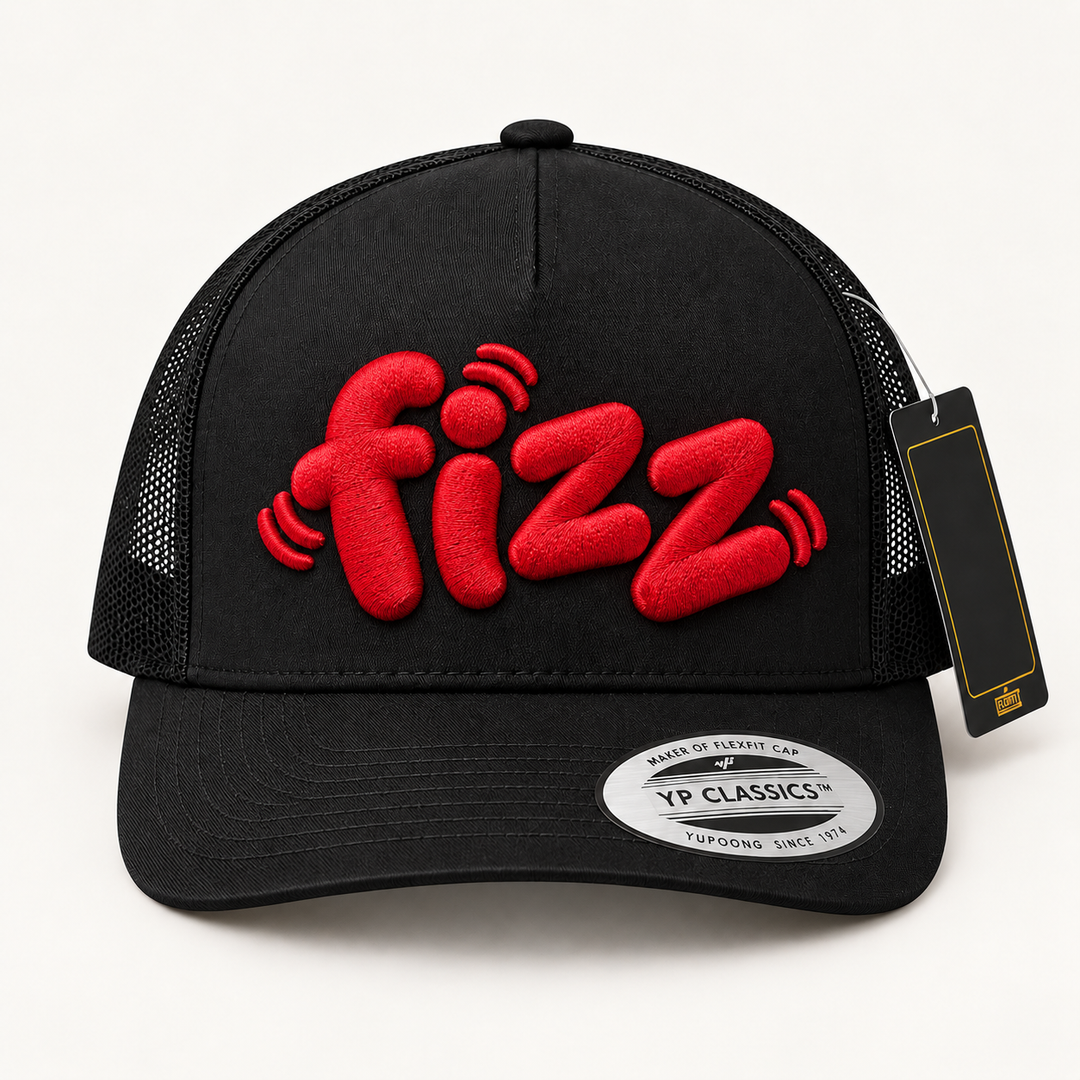 🍒 Cherry Pop – PlayPop 3D Puff · Cherry Red thread · Black Curved Trucker | Hand Finished in Dubai | EmbroMania
