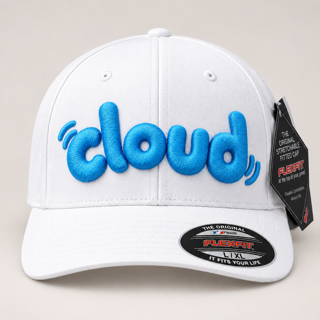 ☁️ Cotton Cloud – PlayPop 3D Puff · Sky Blue thread · White Flexfit | Hand Finished in Dubai | EmbroMania