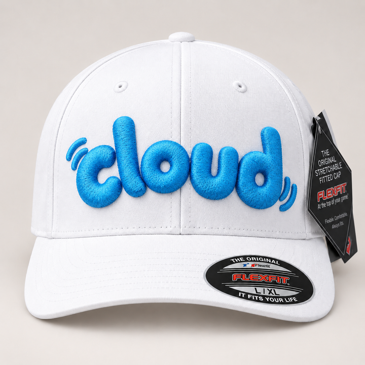 ☁️ Cotton Cloud – PlayPop 3D Puff · Sky Blue thread · White Flexfit | Hand Finished in Dubai | EmbroMania