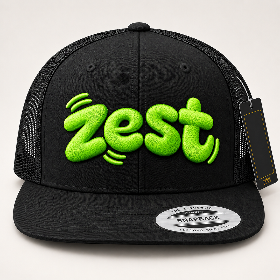 🍋 Electric Lime – PlayPop 3D Puff · Neon Lime thread · Black Flat Trucker | Hand Finished in Dubai | EmbroMania