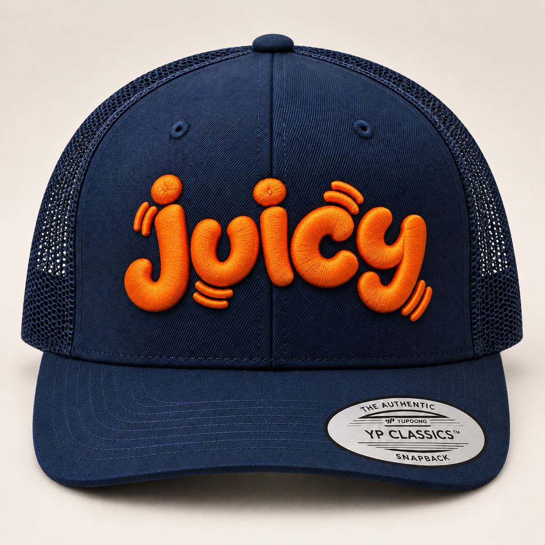 🍊 Tangerine – PlayPop 3D Puff · Bright Orange thread · Dark Navy Trucker | Hand Finished in Dubai | EmbroMania