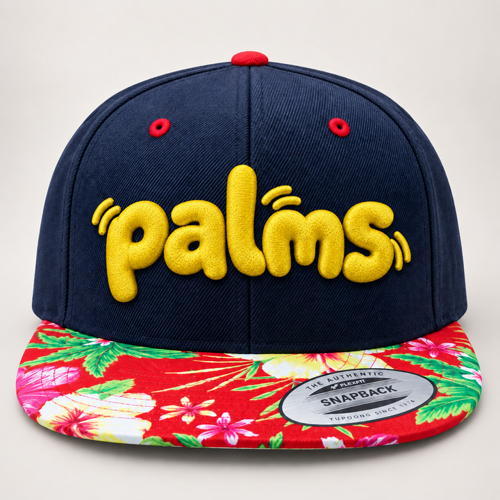 🌺 Tropicana – PlayPop 3D Puff · Sunshine Yellow thread · Navy Floral Brim Snapback | Hand Finished in Dubai | EmbroMania