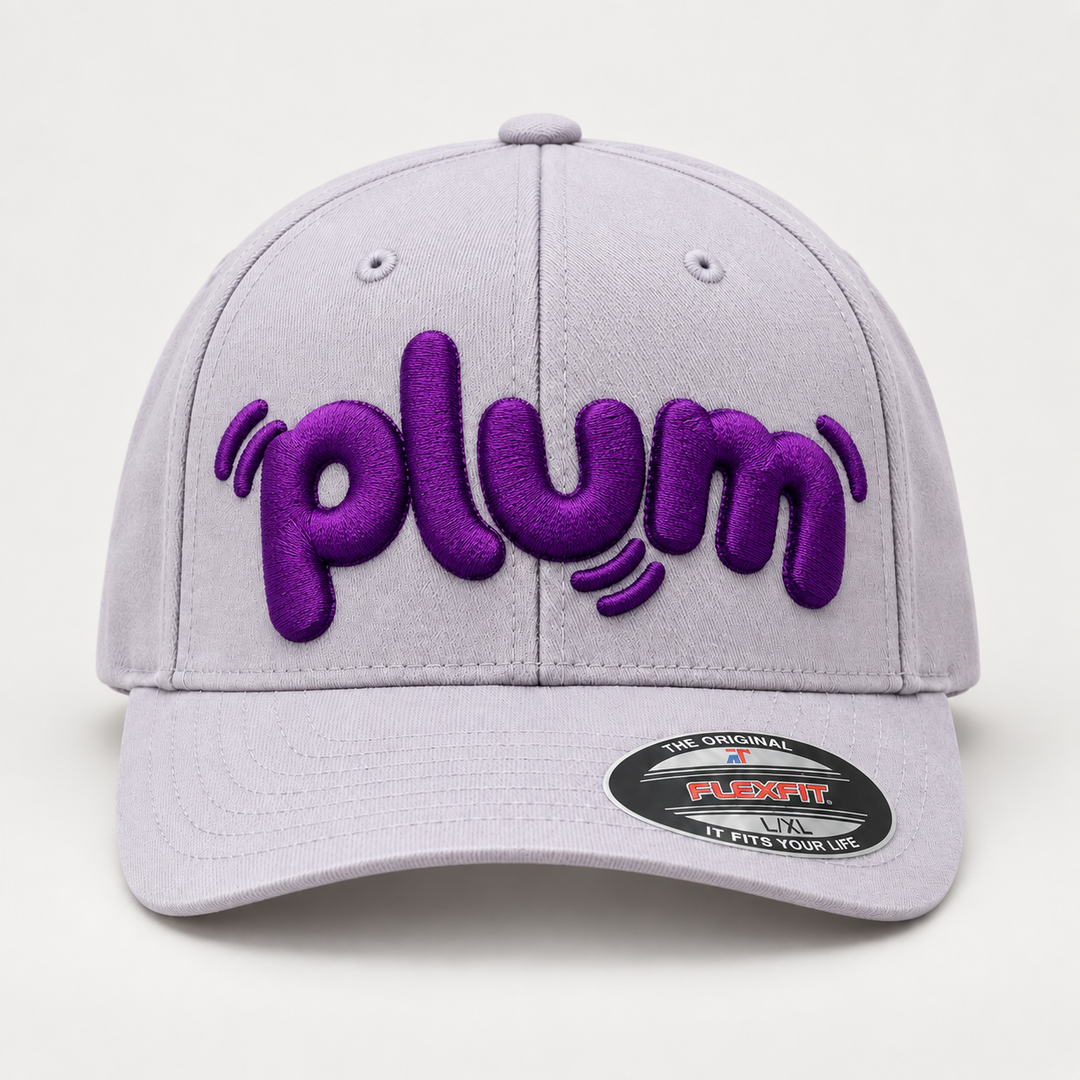 💜 Violet Pop – PlayPop 3D Puff · Deep Violet thread · Light Grey Flexfit | Hand Finished in Dubai | EmbroMania