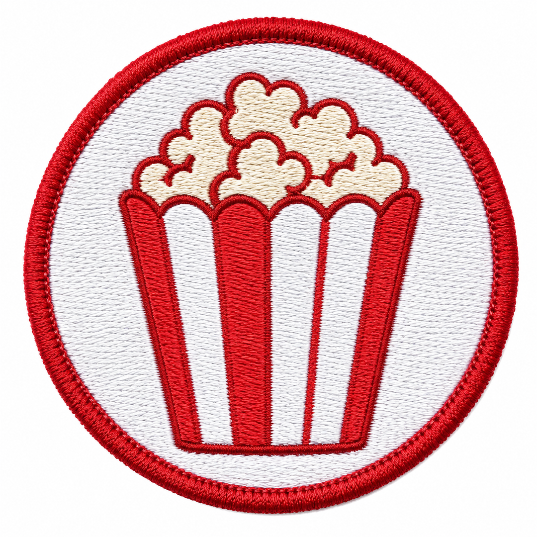 Popcorn Pop embroidery patch featuring a red and white striped popcorn box with cream kernels | Hand Finished in Dubai | EmbroMania