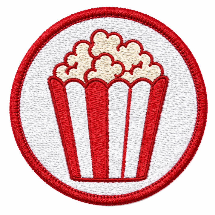 Popcorn Pop embroidery patch featuring a red and white striped popcorn box with cream kernels | Hand Finished in Dubai | EmbroMania