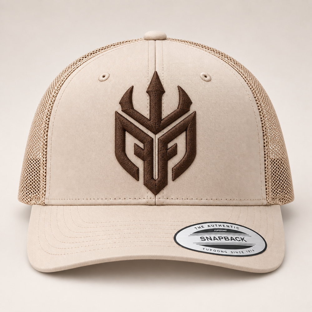 🟤🏜️ Desert Tide – Poseidon Ward · Brown 3D puff · Sand Beige Retro Trucker | Hand Finished in Dubai | EmbroMania