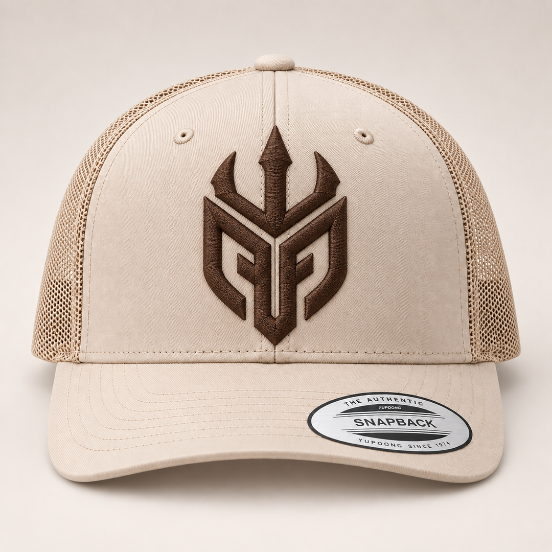 🟤🏜️ Desert Tide – Poseidon Ward · Brown 3D puff · Sand Beige Retro Trucker | Hand Finished in Dubai | EmbroMania