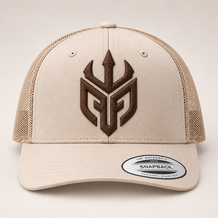 🟤🏜️ Desert Tide – Poseidon Ward · Brown 3D puff · Sand Beige Retro Trucker | Hand Finished in Dubai | EmbroMania