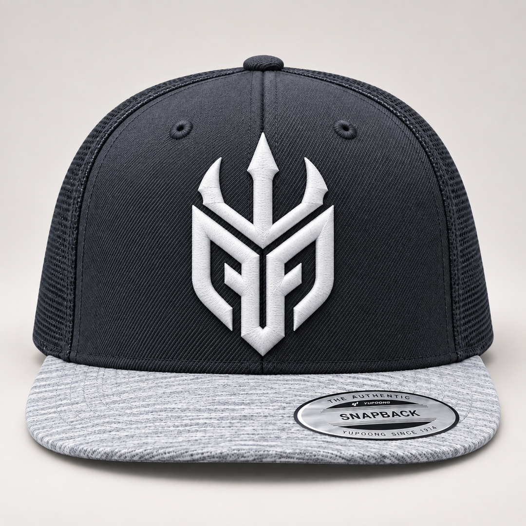 ❄️⚡ Frost Tide – Poseidon Ward · White 3D puff · Charcoal Heather Grey Snapback | Hand Finished in Dubai | EmbroMania