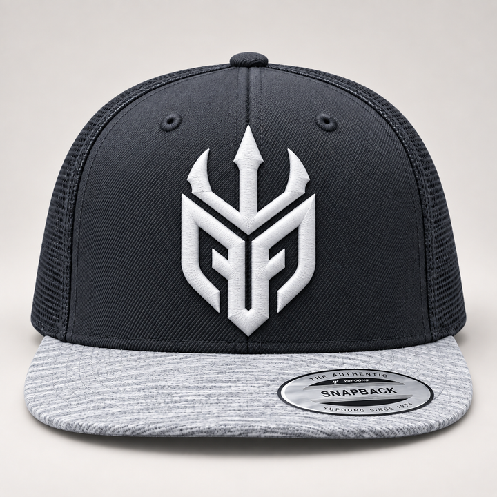 ❄️⚡ Frost Tide – Poseidon Ward · White 3D puff · Charcoal Heather Grey Snapback | Hand Finished in Dubai | EmbroMania