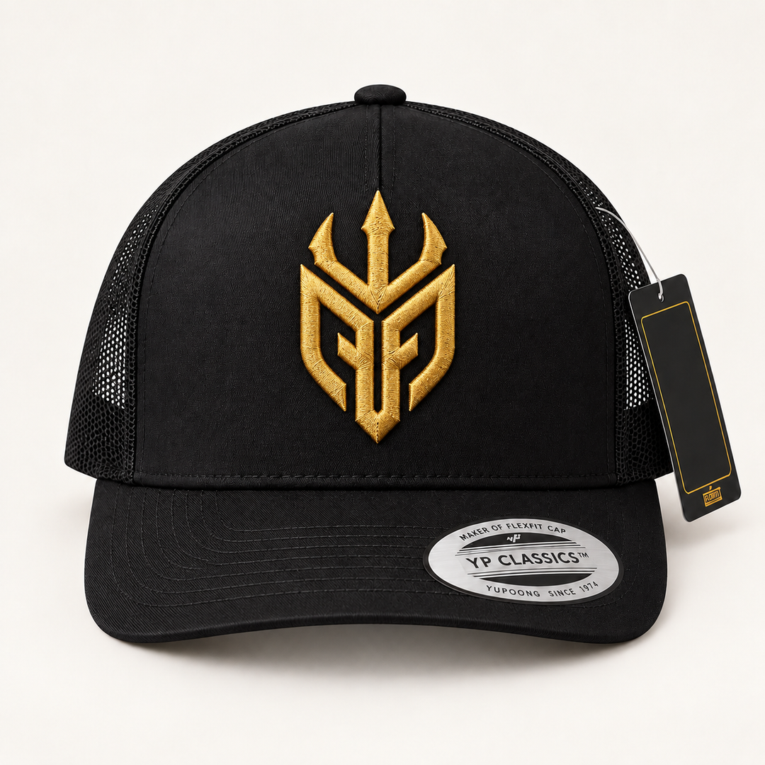 🥇👑 Golden Tide – Poseidon Ward · Gold 3D puff · Black Curved Trucker | Hand Finished in Dubai | EmbroMania
