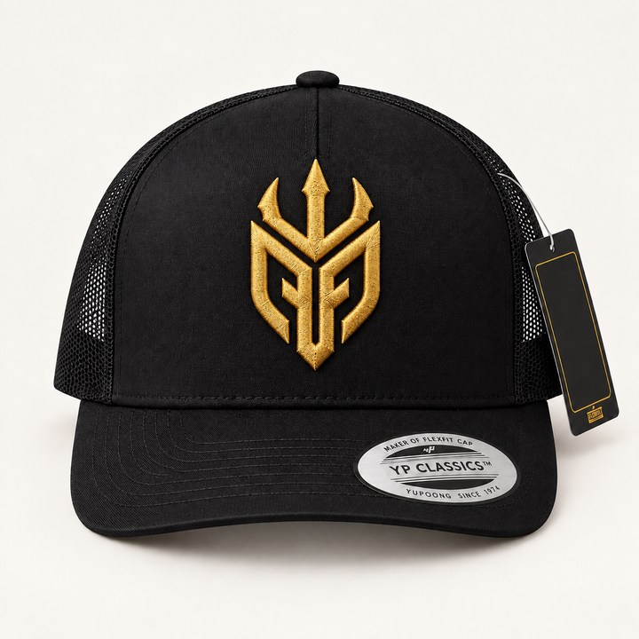 🥇👑 Golden Tide – Poseidon Ward · Gold 3D puff · Black Curved Trucker | Hand Finished in Dubai | EmbroMania