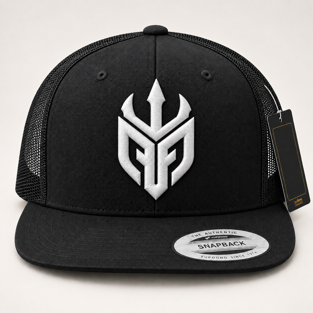 🤍🔥 Ivory Tide – Poseidon Ward · White 3D puff · Black Flat Trucker YP Classics | Hand Finished in Dubai | EmbroMania