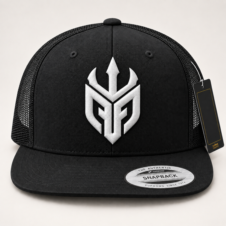 🤍🔥 Ivory Tide – Poseidon Ward · White 3D puff · Black Flat Trucker YP Classics | Hand Finished in Dubai | EmbroMania